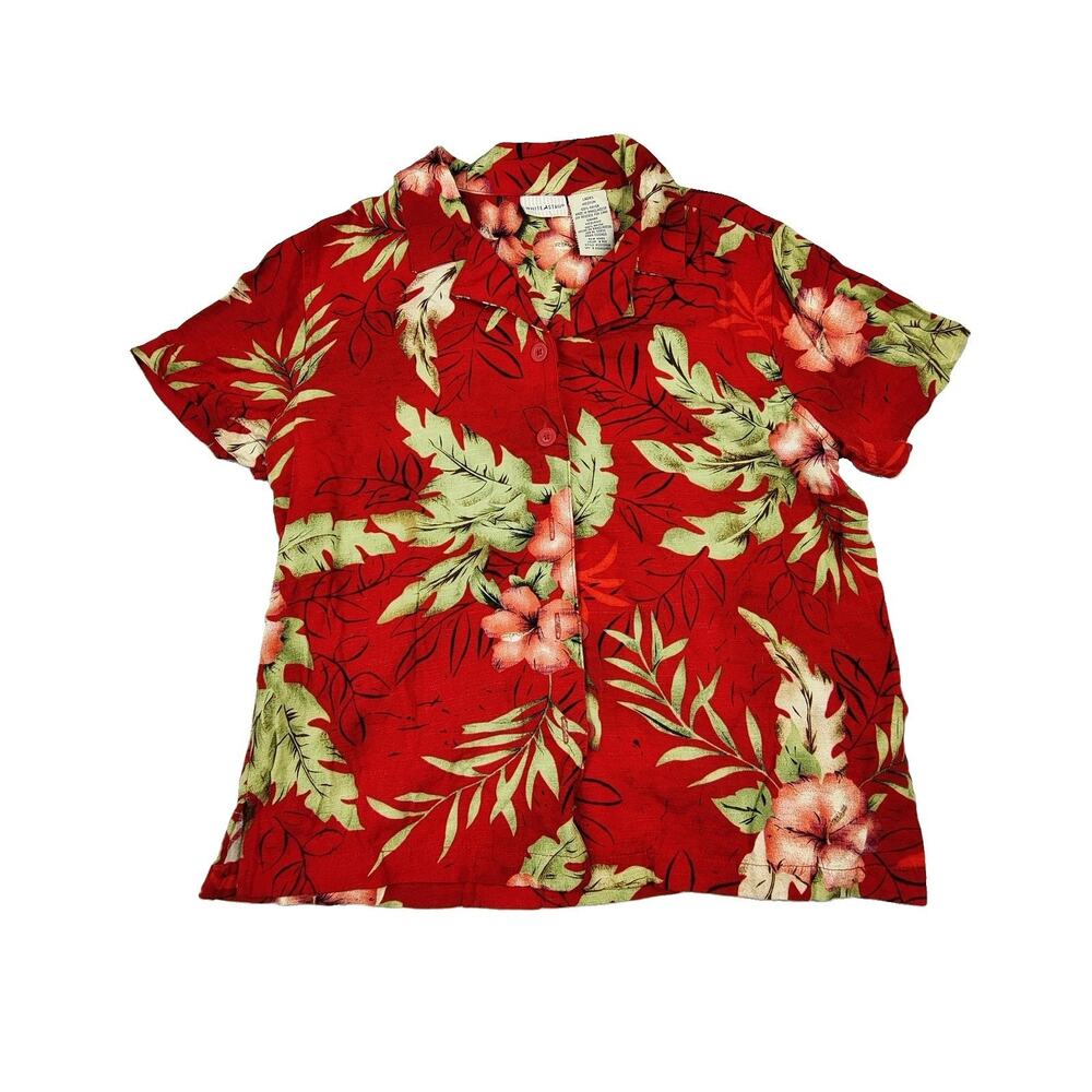 White Stag Shirt Womens Medium Red Floral Button Up Hawaiian Tropical Rayon Top